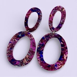 Purple and Multi Color Flecks Acrylic Double Oval Post Drop Earrings NEW
